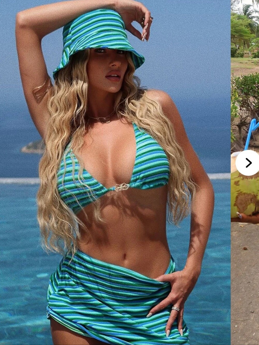 Fashion Nova Teal & Aqua Striped Tie-Side Triangle Bikini W/hat & Skirt